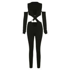 Einfarbiger Jumpsuit mit überkreuzten Ärmeln und ausgehöhlten Schultern und O-Ring