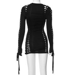 Hollow out self tie long sleeve solid crewneck mini dress