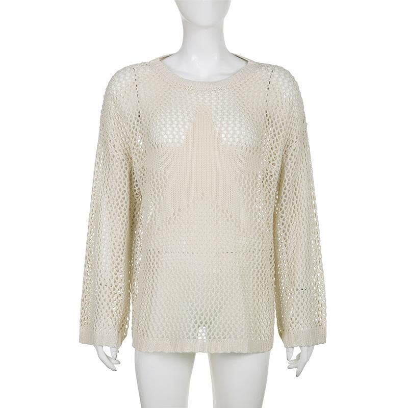 Crochet hollow out solid star pattern long sleeve top