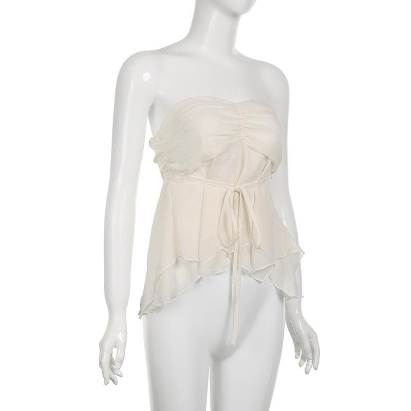 Chiffon ruched solid self tie zip-up backless tube top