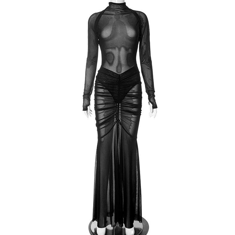 High neck long sleeve ruched sheer mesh see through bodysuit maxi skirt set