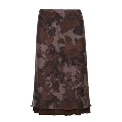 Mesh flower pattern low rise contrast ruffle midi skirt