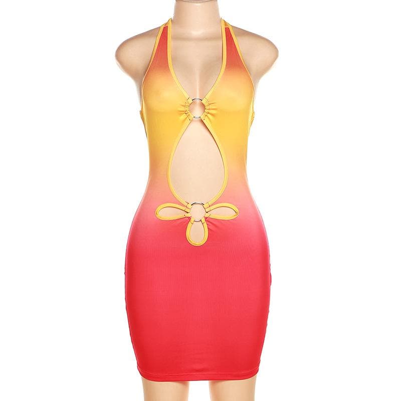 Hollow out gradient backless o ring halter self tie mini dress