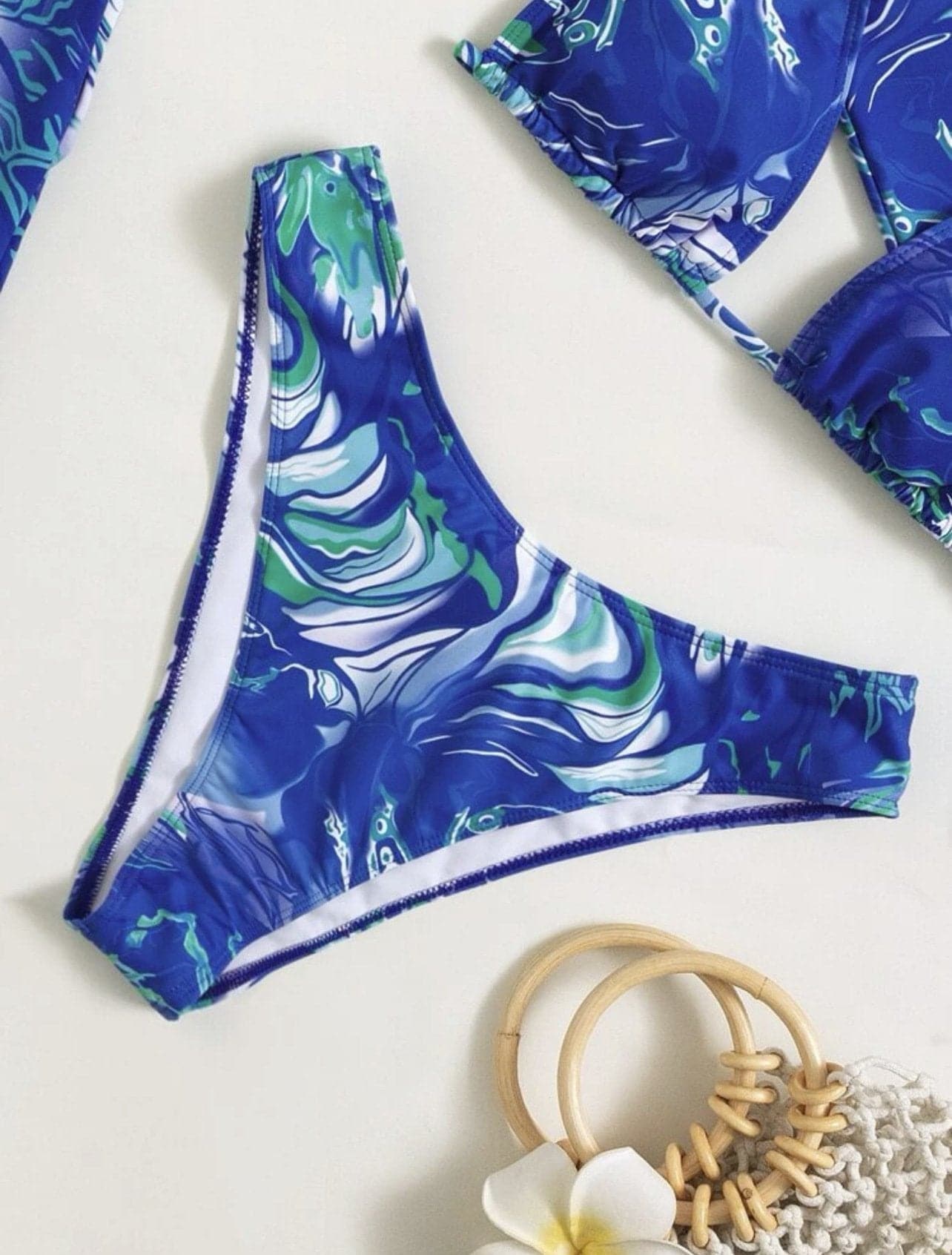 Contrast print ruffle long sleeve halter 3 piece swimwear