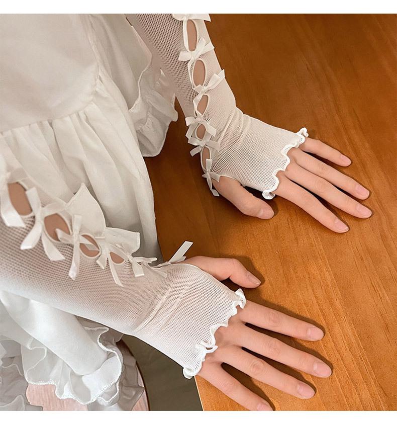 Mesh hollow out bowknot ruffle gloves