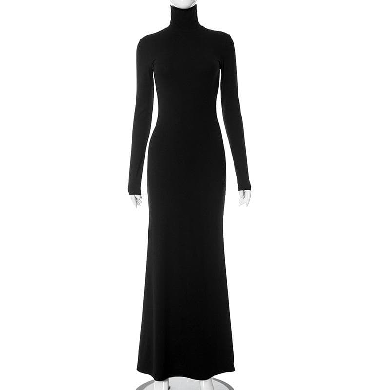 High neck long sleeve solid maxi dress