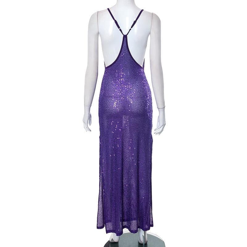 Glitzerndes, durchsichtiges, rückenfreies Maxi-Camisole-Kleid mit U-Ausschnitt