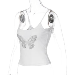 Beaded u neck backless butterfly pattern cami crop top