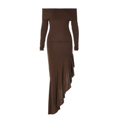 Irregular off shoulder long sleeve ruffle solid maxi dress