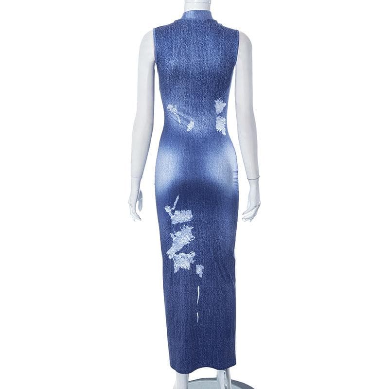 Ärmelloses Maxikleid mit hohem Kragen und Jeans-Print in Kontrastfarbe