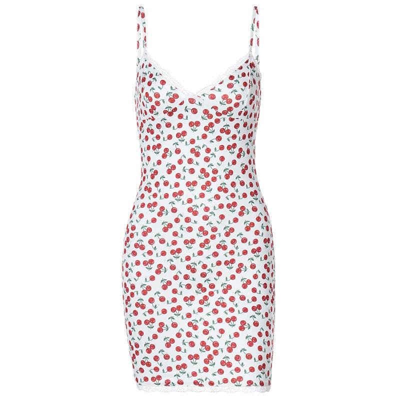 Cherry print v neck lace hem contrast cami mini dress