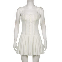 Pleated solid corset button self tie zip-up mini dress