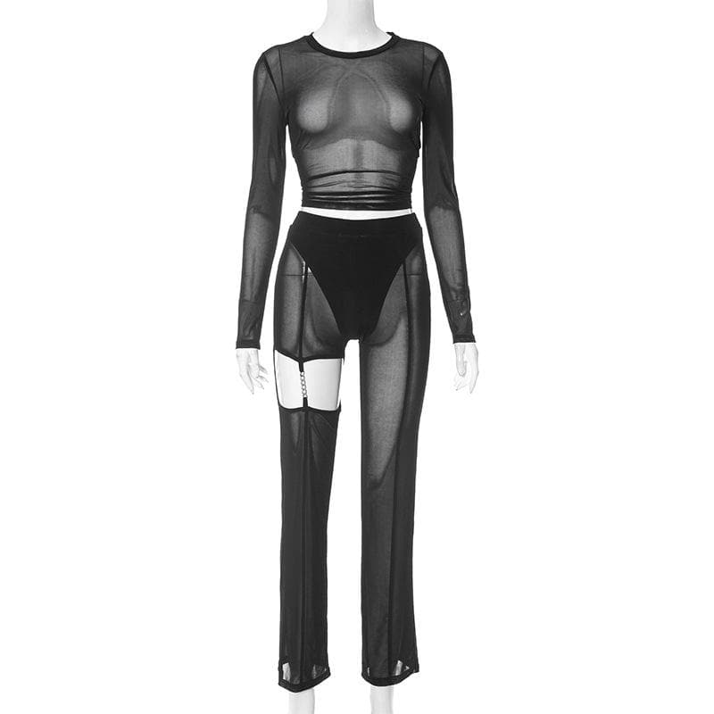 Mesh see through hollow out long sleeve solid pant set