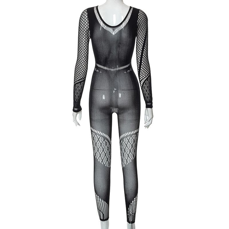 Hollow out solid fishnet long sleeve jumpsuit