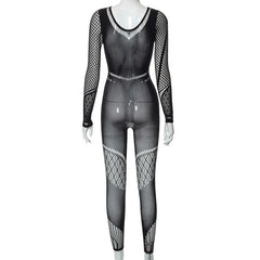 Hollow out solid fishnet long sleeve jumpsuit