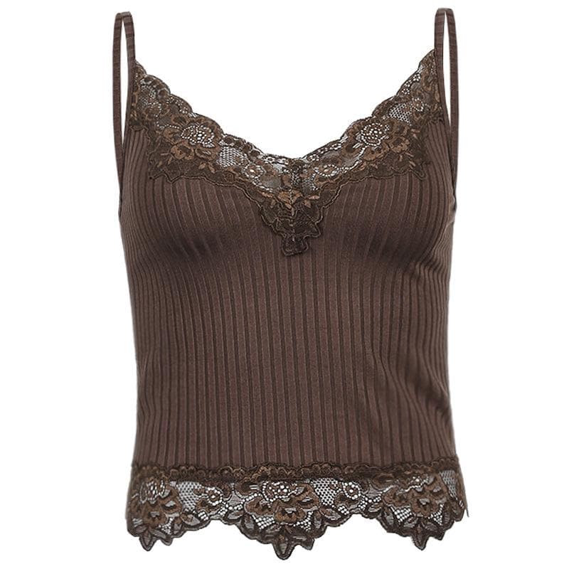 Einfarbiges Camisole-Top aus Spitze mit geripptem Saum und V-Ausschnitt