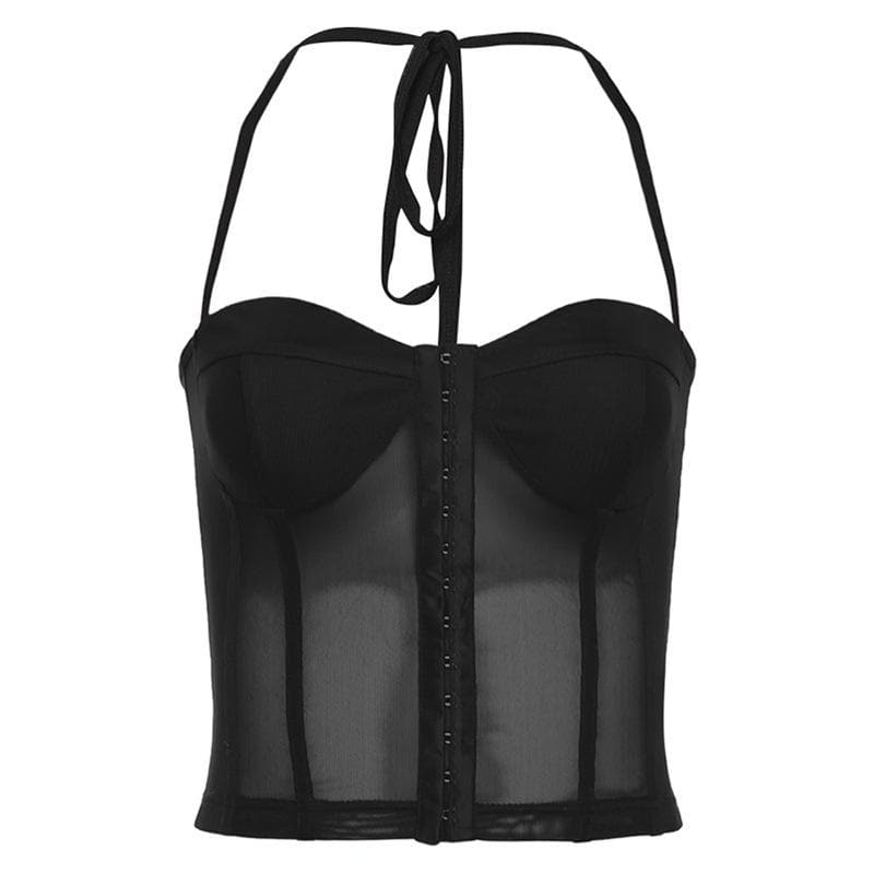 Button mesh backless solid corset halter self tie top