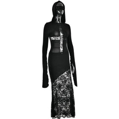 Lace cross patchwork hoodie long flared sleeve irregular maxi dress | victorian gothic dresses