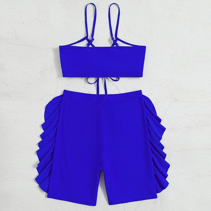 Ruffle drawstring solid cami bikini pant swimwear