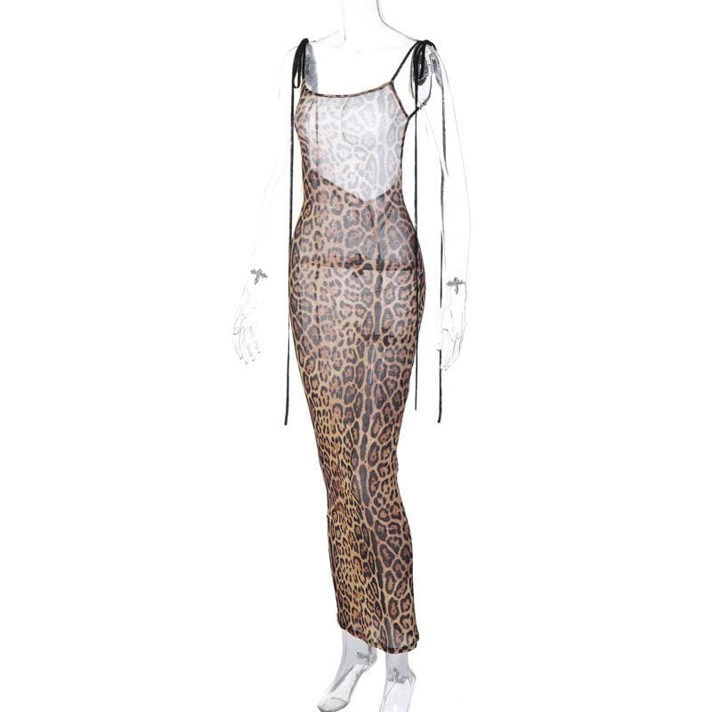 PRE ORDER - Mesh leopard print backless self tie ruched maxi dress