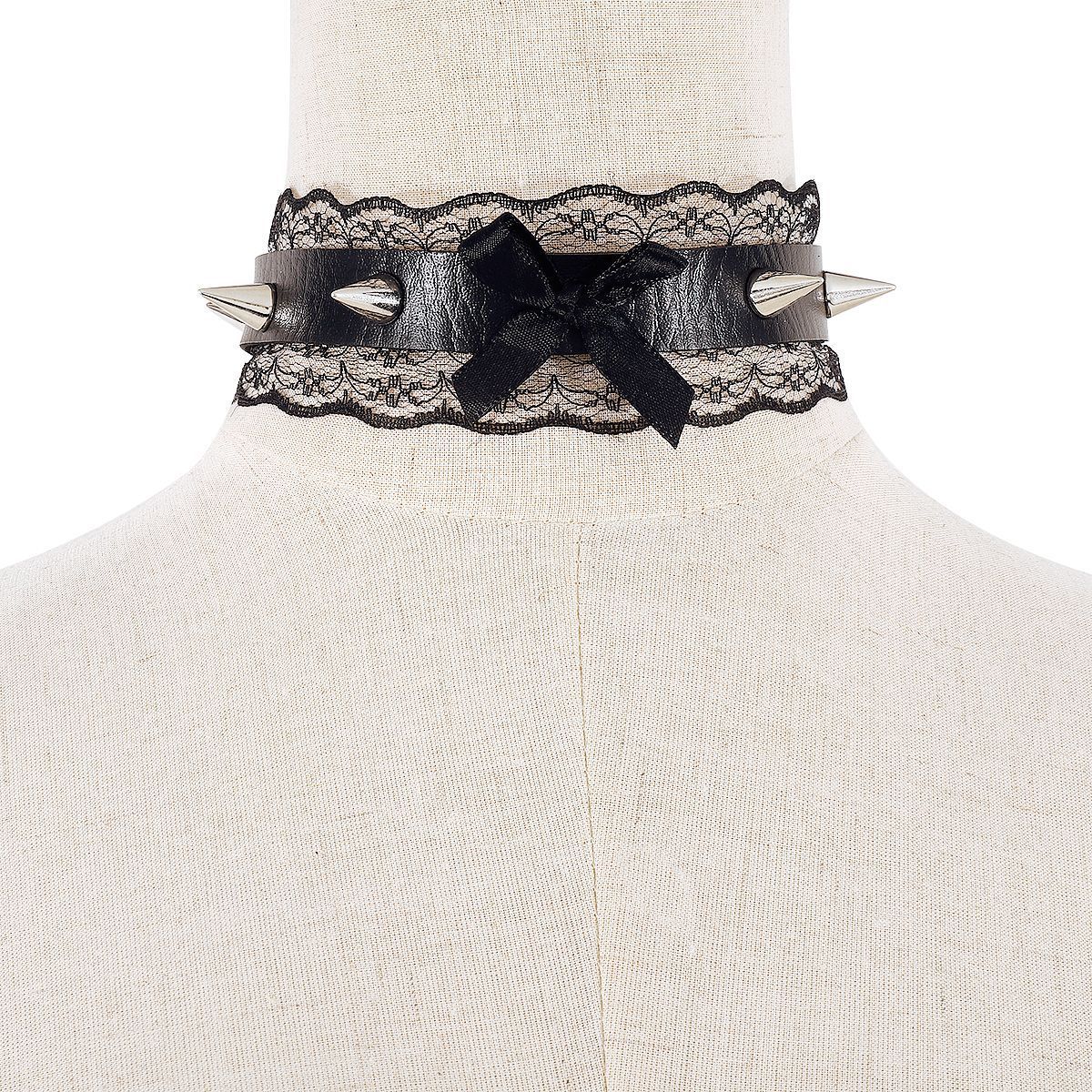 PU leather lace hem bowknot rivet decor chocker