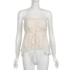 Chiffon ruched solid self tie zip-up backless tube top