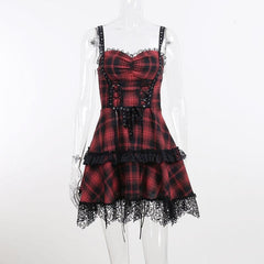 Zip-up lace hem lace up plaid backless mini dress