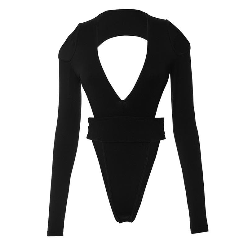 Hollow out long sleeve v neck backless solid bodysuit