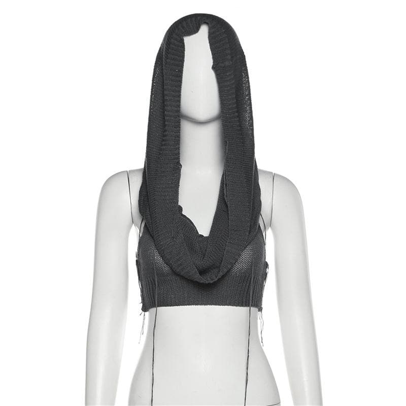 Solid sleeveless knitted stitch hoodie crop top