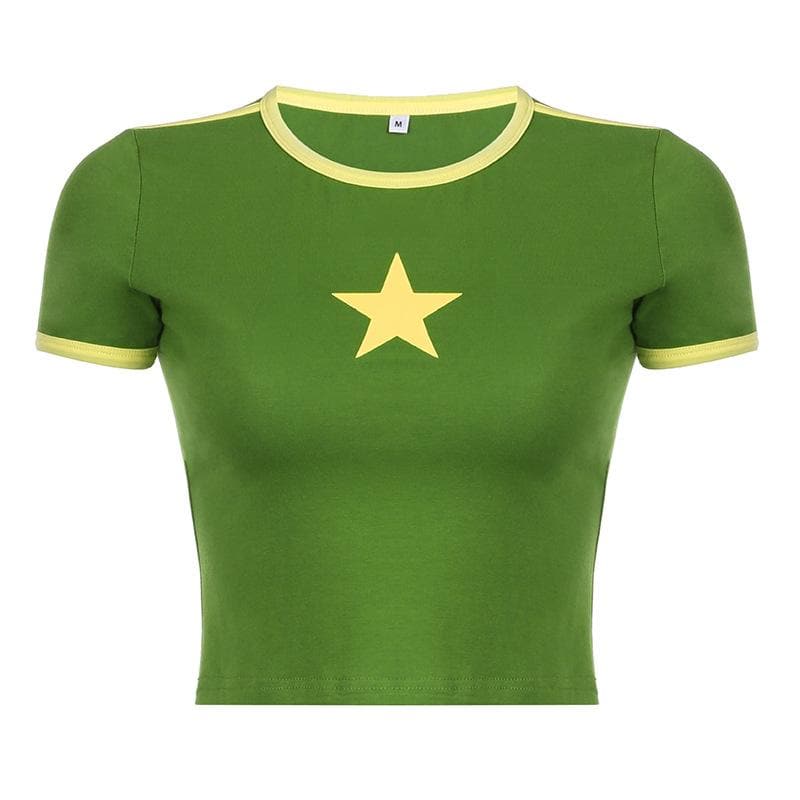 Patchwork short sleeve star pattern contrast top