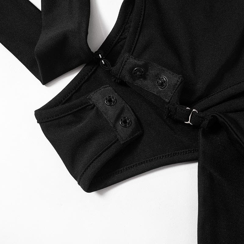 Hollow out zip-up long sleeve button buckle bodysuit