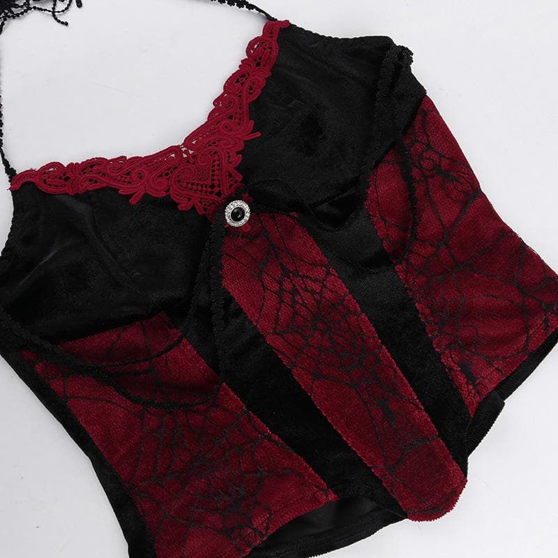 Contrast lace hem halter backless velvet corset top | victorian gothic dresses