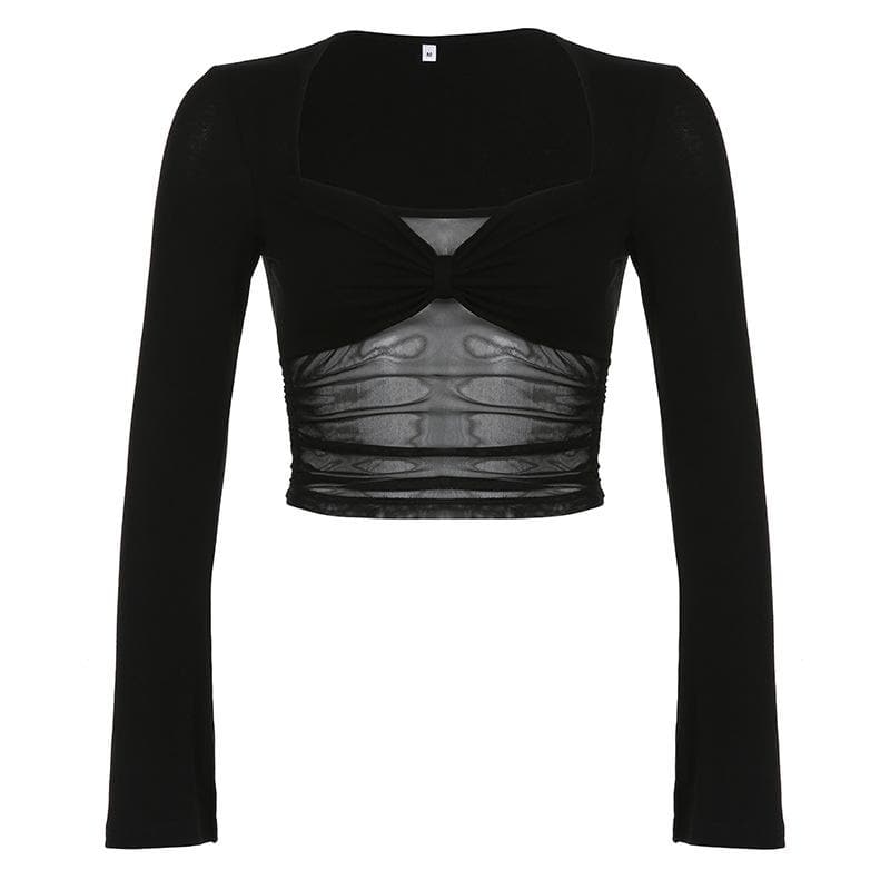 Mesh solid long flared sleeve ruched low cut crop top