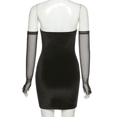 Heart neck velvet dress with mesh gloves