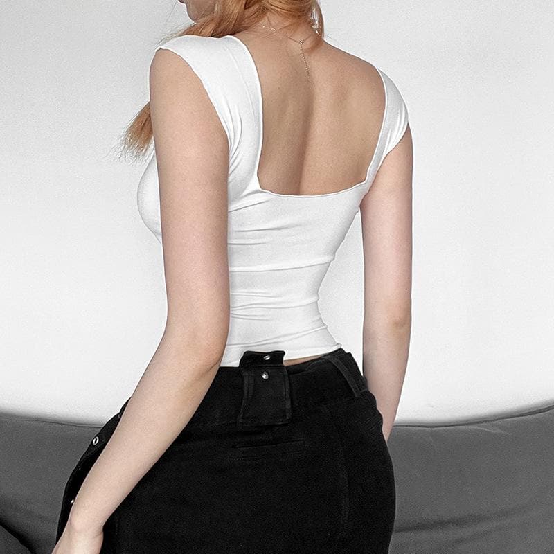 Ruched v neck cap sleeve solid backless crop top