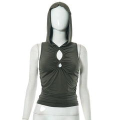 Hoodie hollow out solid ruched sleeveless top