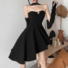 Irregular solid halter gloves o ring backless mini dress