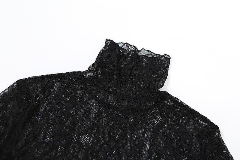 Lace see through gloves turtle neck solid long sleeve top