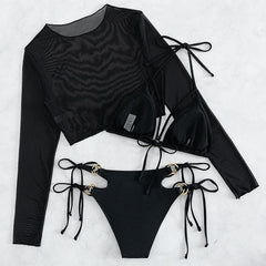 Mesh long sleeve o ring halter solid self tie 3 piece swimwear