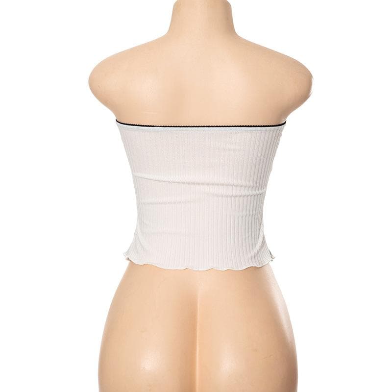 Rückenfreies Tube-Top mit Rüschen, geripptem Patchwork-Schlitz und Spitzensaum 