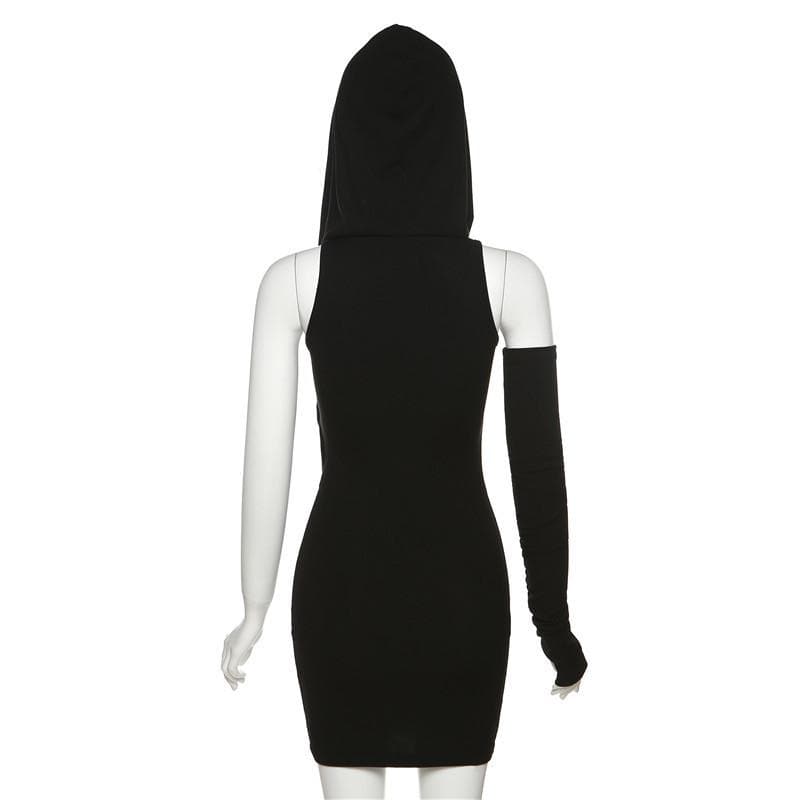 Hoodie gloves ruched sleeveless irregular solid mini dress