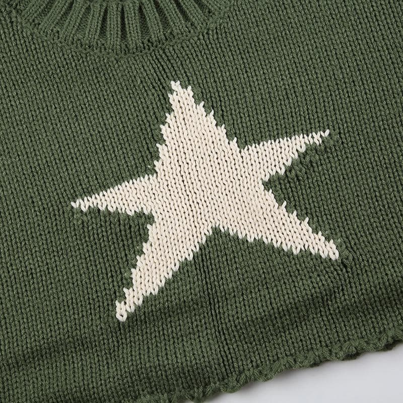 Knitted star pattern contrast long sleeve crewneck crop top