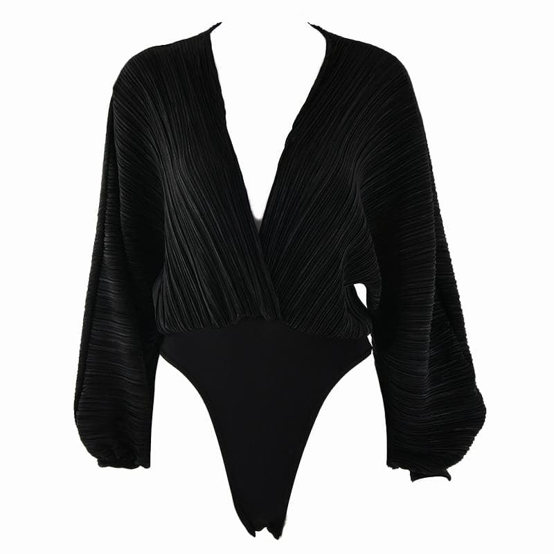 Textured long sleeve v neck solid bodysuit