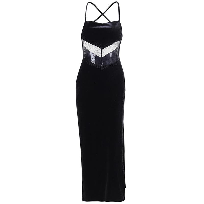 Cowl neck lace hem slit backless velvet cross back midi dress