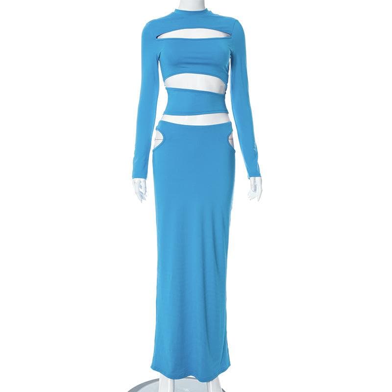 Hollow out long sleeve crewneck solid maxi skirt set