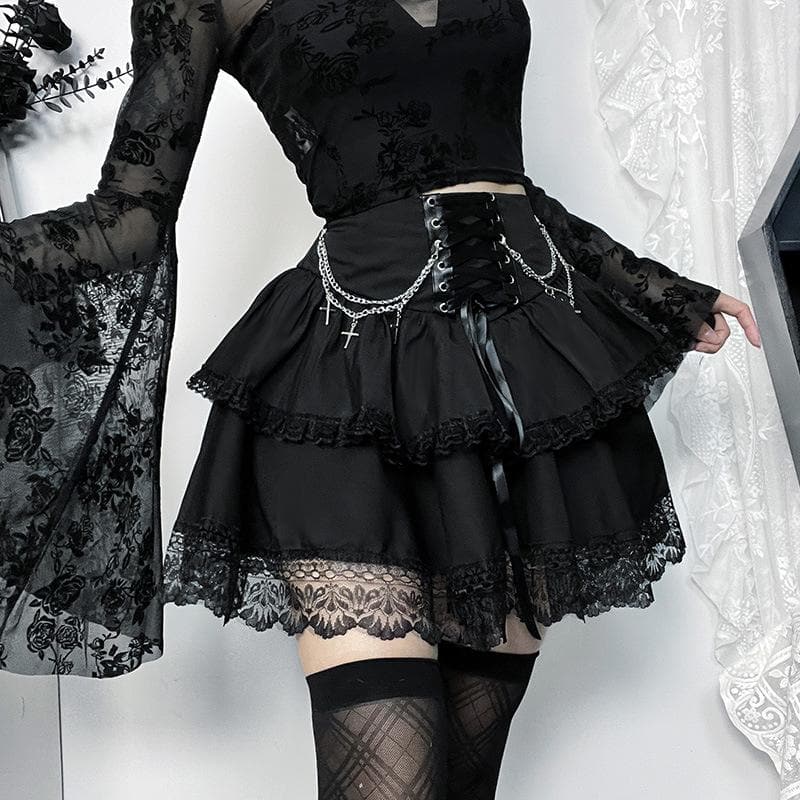 Ruched lace hem metal chain lace up zip-up mini skirt | victorian gothic dresses