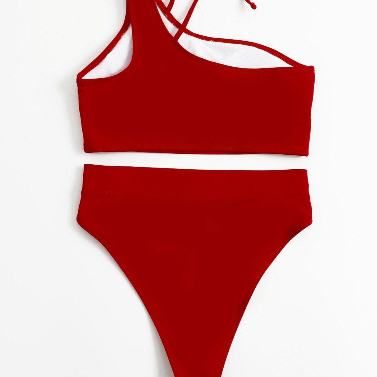 Einfarbiger Bikini mit hoher Taille und One-Shoulder-Träger und ausgehöhltem Design 