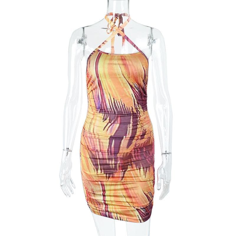 Cross front contrast print halter ruched backless mini dress