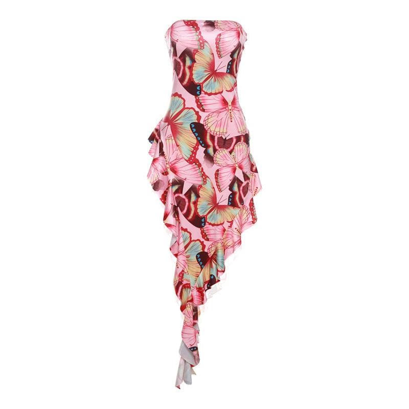 Butterfly print contrast irregular ruffle backless tube maxi dress - Final Sale