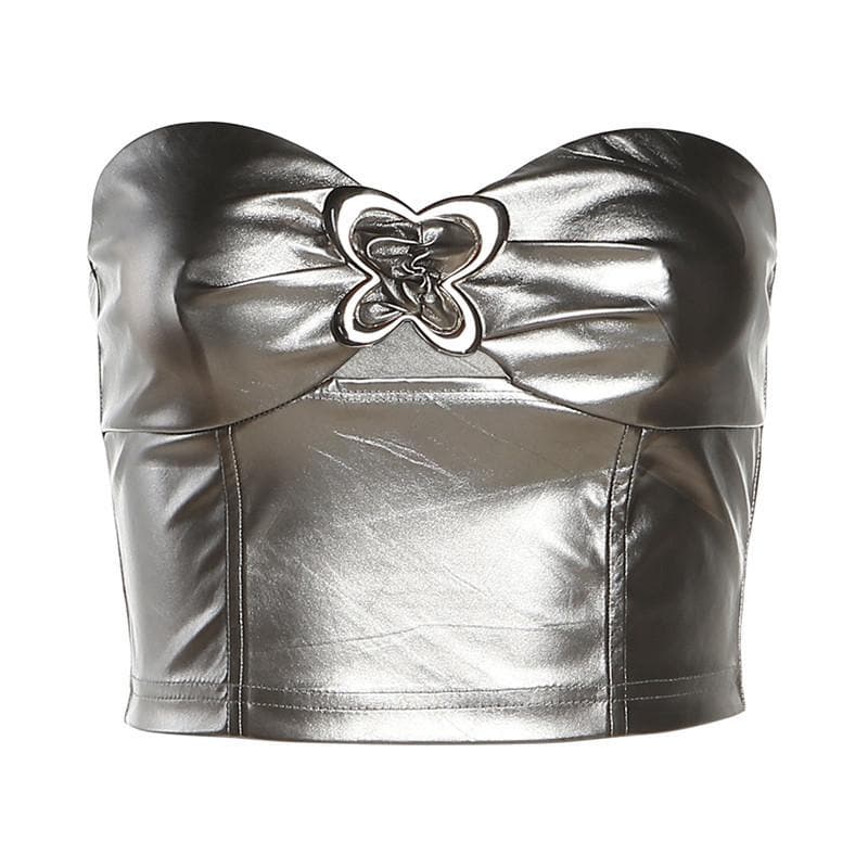 Solid metallic sleeveless zip-up hollow out buckle tube top